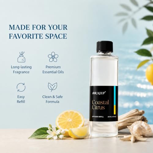 Airkeep Coastal Citrus Reed Diffuser Refill – 6.76 fl oz – Premium Scented Oil for Home Aromatherapy – Long-Lasting Fragrance for Reed Diffusers – Perfect for Bathroom, Bedroom & Home Decor