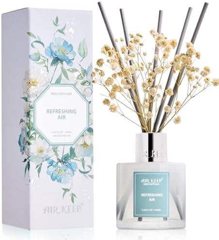 Airkeep Reed Diffuser Set,3.38 fl oz (100 ml) - Refreshing Air Oil Diffusers with 8 Reed Sticks, Home Fragrance Reed Diffuser for Bathroom Shelf Decor