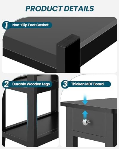 SEJOV Narrow Side Table, Small Black End Table with Drawer and 2 Shelves