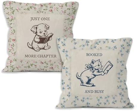 Vintage Floral Cat Dog Reading Throw Pillow Cover 18x18 Set of 2, Book Lover Bookworm Gifts Decorative Pillow Covers for Home Library Reading Room, Cottagecore Accent Pillows Cover Pillowcases