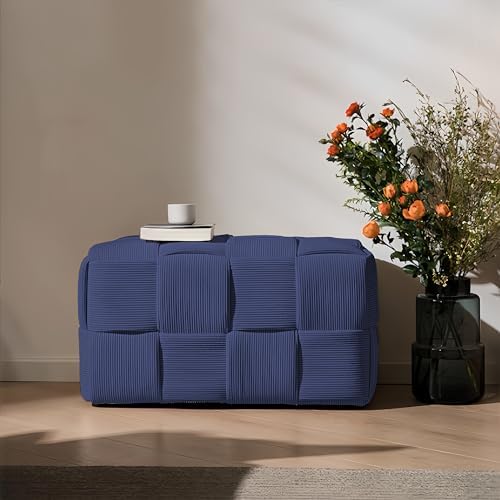 Cmishe 28" Rectangular Woven Corduroy Ottoman Footrest - Large Modern Entryway Bench & Bed End Stool, Sturdy Wood Frame, No Assembly (Blue-L)