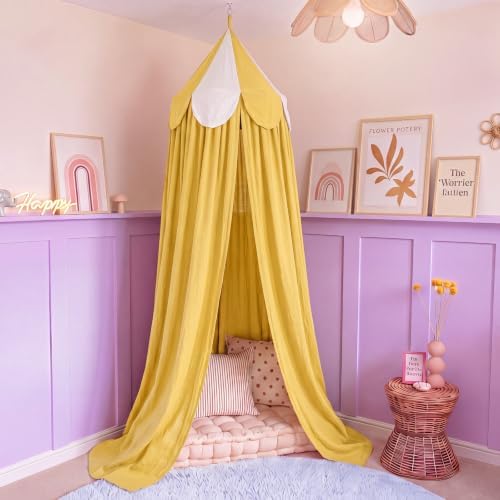 Bed Canopy with Scalloped Edge, 2 Panel Striped, Bright Yellow