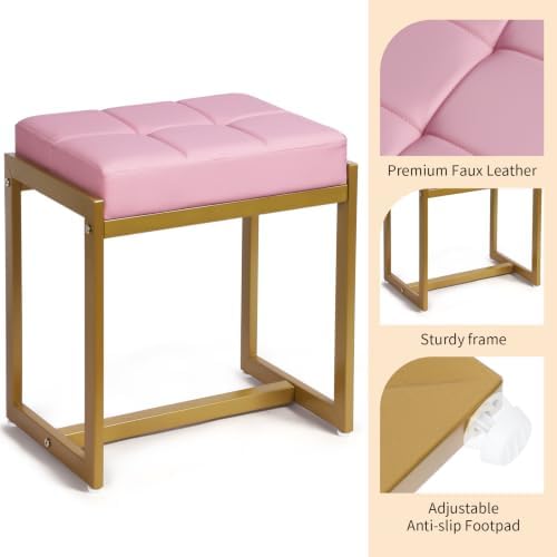 Vanity Stool, Pink Small Vanity Stools Chair, Square Cushion Makeup Chairs for Vanity, Metal Foot Stool Ottoman Seat for Bedroom Makeup Living Room, Pink & Gold