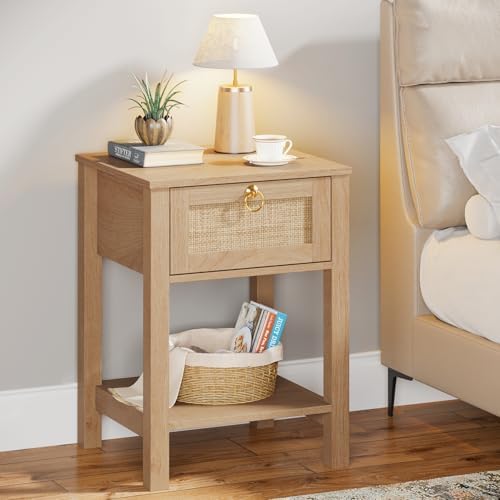 Eclatara Rattan Nightstand Set of 2: Sturdy Night Stand with Rattan Decor Drawer, Farmhouse Nightstand Bedside Table Boho End Tables Side Tables for Bedroom (Natural Oak,2 Pieces)
