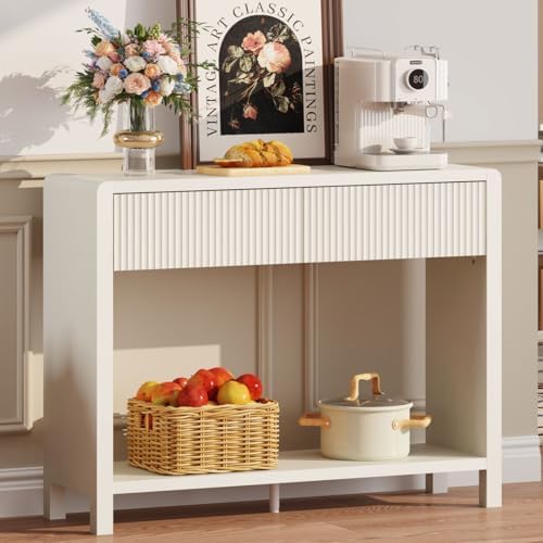 FATORRI Console Entryway Table with Storage, Wooden Narrow Sofa Table with Drawers and Open Shelf, 39.37 inch Modern Hallway Tables Behind Couch for Living Room, Dining, Foyer, Bedroom (Antique White)