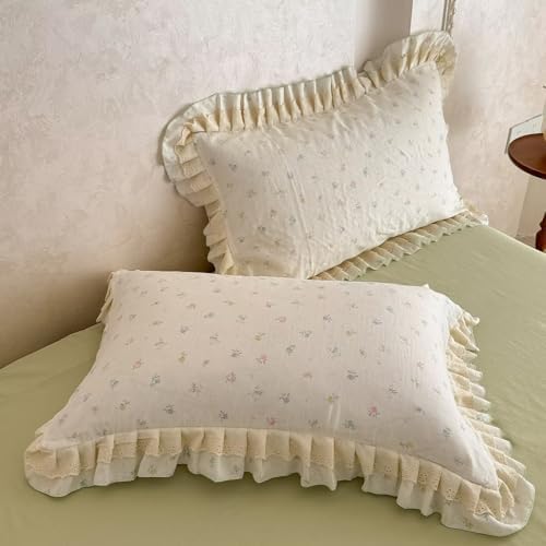 BuLuTu Shabby Chic Ruffled Duvet Cover Set Queen Size, Vintage Princess Style Floral Comforter Cover with Lace Edges, 100% Cotton Gauze Bedding Set, Cottagecore Aesthetic, Soft Breathable