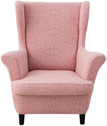 HZDHCLH Wingback Chair Slipcovers 2 Piece Stretch Spandex Chair Covers Washable Armchair Protector with Elastic Fit for Living Room Bedroom Pink Embossed Leaf Pattern