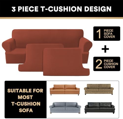 PrinceDeco T Cushion Sofa Slipcover 3 Pieces Sofa Covers for T Cushion Couch Soft Couch Covers Sofa Slip Cover Furniture Covers with 2 Individual T Shape Seat Covers (70"-88") Washable,Rust