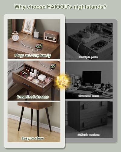 HAIOOU Nightstands Set of 2,Mid century Bedside Table with Charging Station