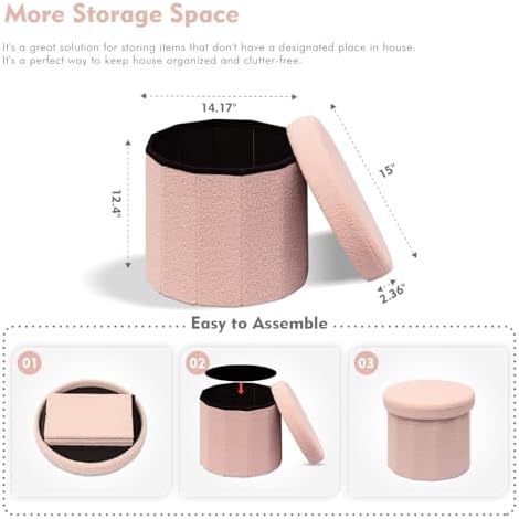 B FSOBEIIALEO Storage Ottoman Cube, Round Ottoman with Storage, Pink