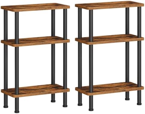 HOOBRO Narrow Side Table Set of 2, 3-Tier Slim End Table No Tools Needed, Twist-On Assembly, Skinny Nightstand Sofa Storage Shelf for Living Room, Bedroom, Study, Rustic Brown and Black BF246BZP201