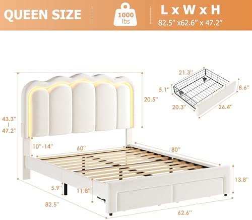 Queen Upholstered LED Bed Frame with 2 Storage Drawers and Adjustable Chic Double Wavy Headboard, Velvet Princess Platform Bed with Charing Station, Solid Wood Slats Support,No Box Spring Needed,Beige