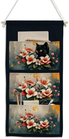 IAXIC Canvas Wall Hanging Organizer with Pockets Fish Extender Hanging Pouch Floral Black Cat Door Closet Organizers Fabric Storage Pockets Wall Decoration