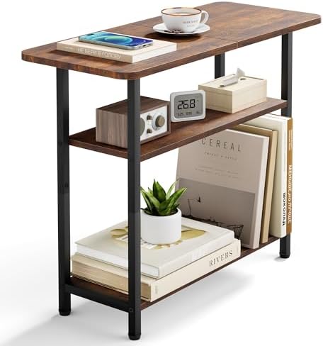 SLEEPING LAMB Side Table for Living Room, 3-Tier End Table for Small Space with Wide Storage Tabletop, Rustic Brown Narrow Nightstand for Bedroom, Sofa Couch