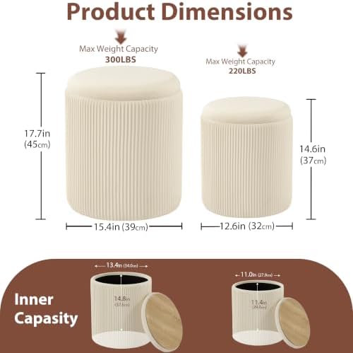 Royal Windsor Round Ottoman with Storage Set of 2, Storage Vanity Stool
