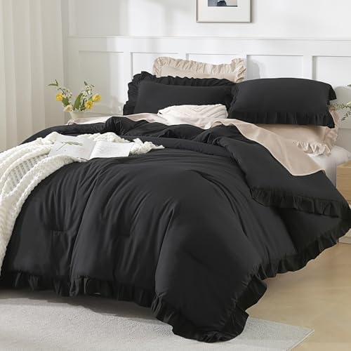 Andency Black Ruffle Comforter Twin Size, 2 Pieces Soft Bed Set