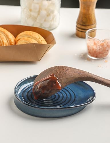 Ceramic Spoon Rest for Stove Top, Spoon Holder for Kitchen Counter, Farmhouse Cooking Utensil Holder for Spoons, Ladles, Spatula, Glazed Blue
