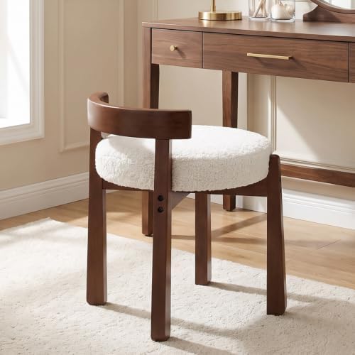 Ya-Home Modern Vanity Chair Upholstered Small Ottoman Footstool, Make Up Stool Sherpa Fabric with Backrest Wooden Frame for Living Room Bedrooms, 1PC, White