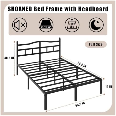 14 Inch Metal Bed Frame - Full Size Heavy Duty Bedframe with Headboard Black Basic Steel Slats Platform No Box Spring Needed/Easy Assembly/Noise Free