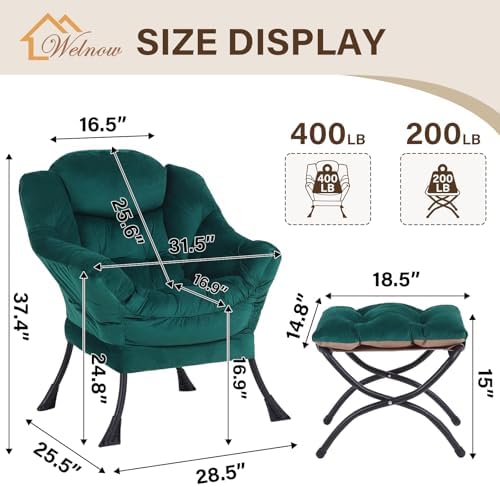 Welnow Lazy Chair with Ottoman, Reading Chair with Footrest,Dark Green