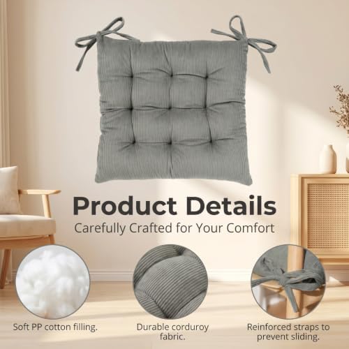 HLOVME Corduroy Chair Cushion with Ties Ultra Soft Warm Floor Cushion for Kids Reading Nook Comfortable Square Seat Cushion for Adult 15.7”x15.7”, Grey