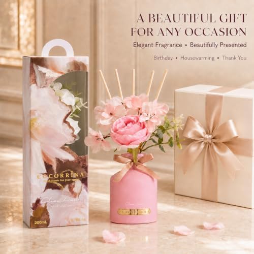 COCORRÍNA Flower Reed Diffuser Set, 6.7oz Sandalwood Rose Scented Oil Diffuser with Sticks, Long Lasting Home Fragrance for Bathroom, Bedroom, Living Room & Shelf Decor