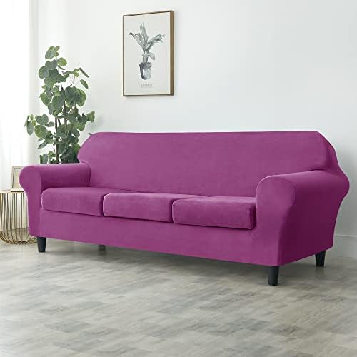 OBCREAT 4 Pieces Sofa Slipcover Stretch Velvet Sofa Covers for 3 Cushion Couch Soft Couch Cover with Elastic Bottom Non Slip Furniture Protector for Pets Kids (Purple, Large)