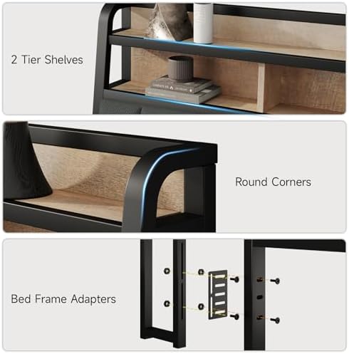 King Headboard Only with Storage, Charging Station, Black & Brown