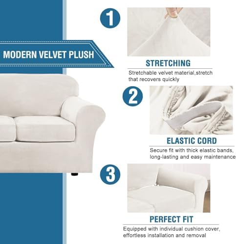 H.VERSAILTEX Real Velvet Plush 3 Piece Stretch Sofa Covers Couch Covers for 2 Cushion Couch Loveseat Covers Width Up to 72 Inch Feature Thick Soft Stay in Place (Medium Sofa, Porcelain White)