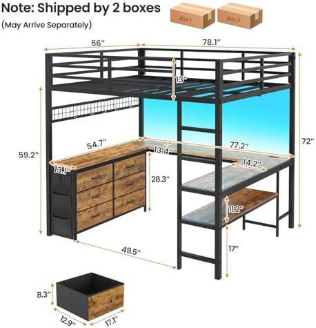 ADORNEVE Loft Bed Full Size with U-Shaped Desk, 6 Drawers, Rustic Brown