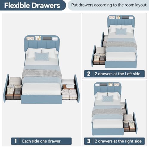 IDEALHOUSE Twin Bed Frame for Kids, Boucle Upholstered Platform Bed for Boys with 2 Flexible Drawers, Bookcase Headboard, Noise-Free, Easy Assembly, No Box Spring Needed, Blue