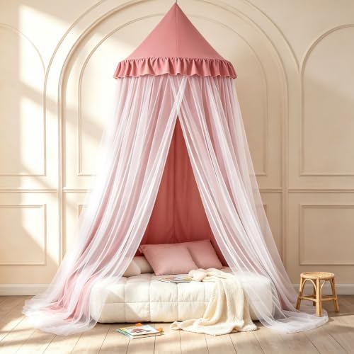 Kertnic Princess Bed Canopy for Girls, Double Layer Round Bed Mosquito Net, 31.5" Large Dome Indoor Castle Bed Tent, Sleeping & Reading Nook Curtain for Boys Girls (Dark Rusty-Pink)