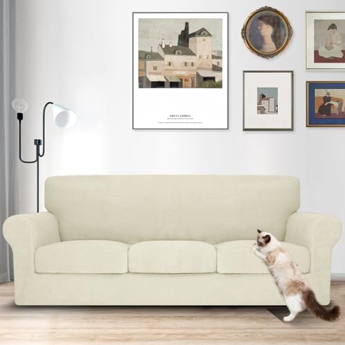 MAXIJIN 4 Piece Couch Covers for 3 Cushion Couch Sofa Covers, Stretch Couch Slipcovers for Sofas with 3 Cushions, Thick 3 Seat Furniture Protector for Dogs Pet (71"-91", Beige)