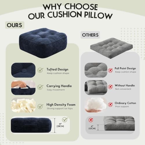 11In Washable Floor Pillow for Adults, Yoga & Meditation Cushion with Handle, Square Large Pillows Seating with Removable Tufted Corduroy Cover for Tatami Living Room Board Games (Blue)