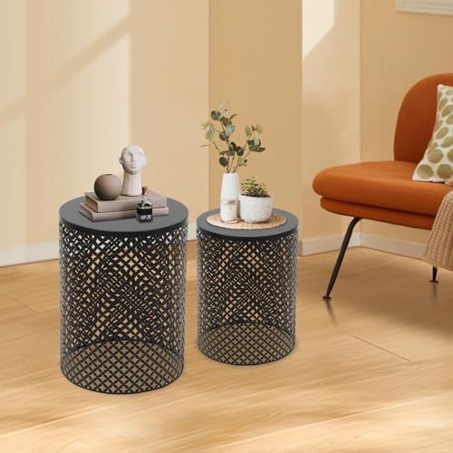 Metal Frame Accent Table,Cylindrical Outdoor Side Table,Decorative Garden Stool,Set of 2 Nesting Side Table,Modern Decorative Garden Stool for Patio Balconies Cafes Parks (2, Black)