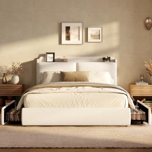 Garvee Upholstered Bed Frame with Shelf & Drawers- Beige
