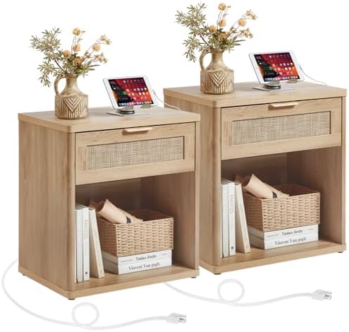 LEYAOYAO Rattan 23" Nightstands Set of 2 with Charger for Bedroom