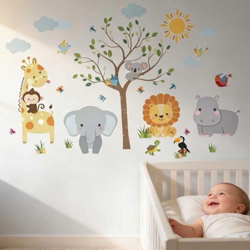 Animal Wall Stickers Decals for Kids: Baby Room Nursery Decor with Jungle Safari Theme Peel and Stick Removable Vinyl - Ages 0-12 Years