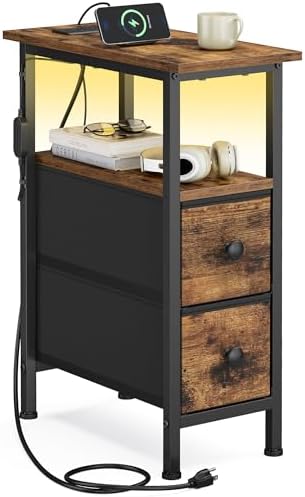 SONGMICS Side Table with LED Light, Narrow End Table with 2 Fabric Drawers