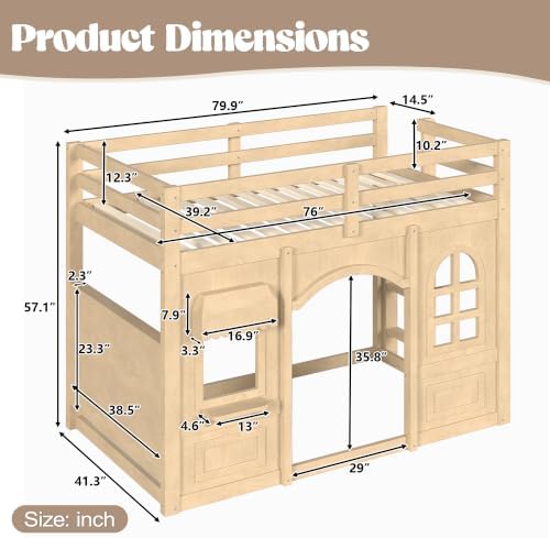 Twin Size Wooden Playhouse Loft Bed with Windows, Light Natural