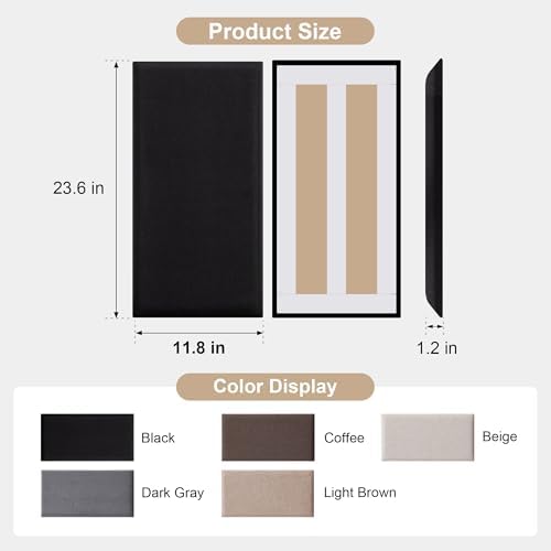 Fromann Upholstered Wall Mounted Headboard for Queen/TXL/King Size Beds, Peel and Stick Headboard 23.6" x 11.8"/PC, Interior Wall Panels for Bedroom Study, Headboards Only (6, Black)