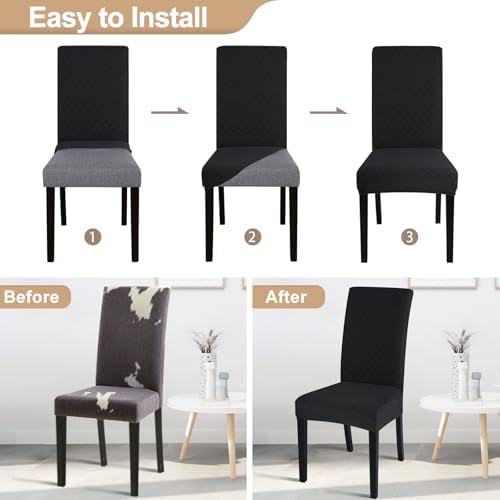 SearchI Dining Room Chair Covers Set of 6, Stretch Jacquard Parsons Chair Slipcovers Removable Washable Kitchen Chair Protector Cover for Dining Room, Hotel, Ceremony (Black Rhombus)