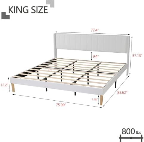 King Size Bed Frame with Linen Upholstered Headboard, White