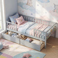KOMFOTT Wood Twin Bed Frame with Fence Rails & 2 Pull-Out Drawers, Kids Twin Bed Frame with Side Shelf, No Box Spring Needed Solid Wood Slats Supported Daybed for Children & Teens (Grey)