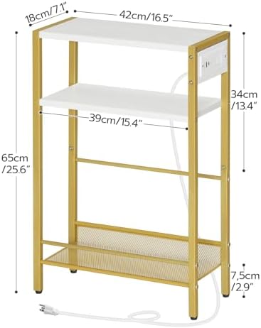 HOOBRO Small Narrow Side Table with Charging Station, Skinny End Table for Small Spaces, Slim Nightstand with USB Ports Outlet, Sofa Beside Table with Storage Shelf, White and Gold DW102UBZ01