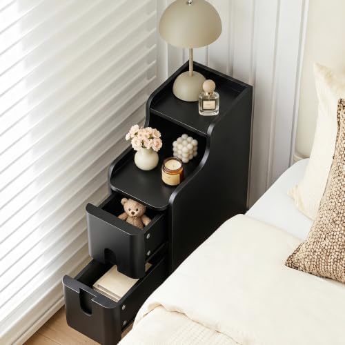 FurSch Narrow Nightstand, Wooden Small 2 Drawer Night Stand (Black-1 pc)