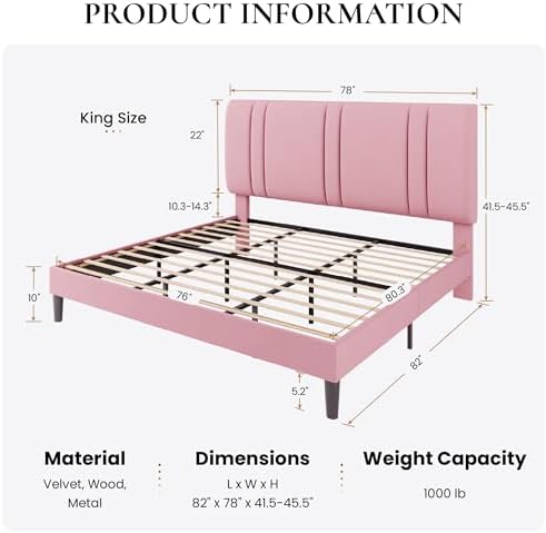 SHA CERLIN King Size Velvet Bed Frame with Adjustable Headboard, Pink