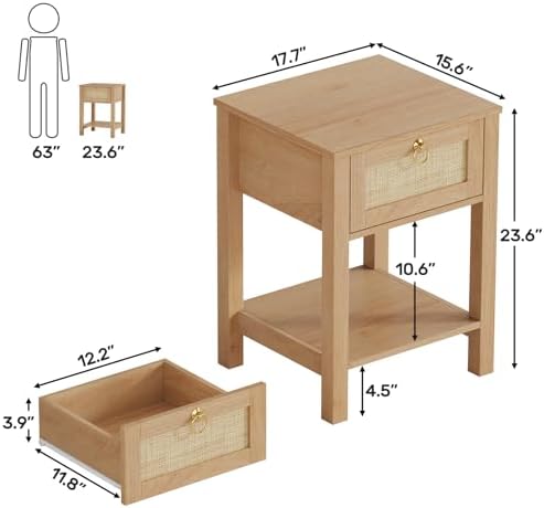 Eclatara Rattan Nightstand Set of 2: Sturdy Night Stand with Rattan Decor Drawer, Farmhouse Nightstand Bedside Table Boho End Tables Side Tables for Bedroom (Natural Oak,2 Pieces)