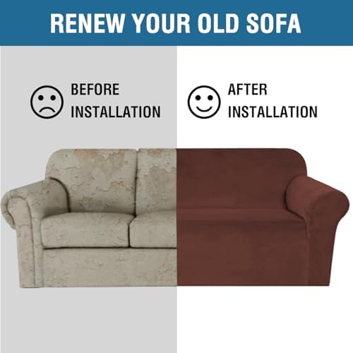 H.VERSAILTEX Stretch Velvet Sofa Covers for 3 Cushion Couch Covers Furniture Protector Soft with Non Slip Elastic Bottom, Crafted from Thick Comfy Rich Velour (Sofa 72"-90", Burnt Brick)