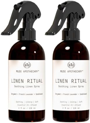 Muse Apothecary Linen Ritual - Aromatic, Soothing, and Relaxing Linen Mist, Laundry and Fabric Spray - Infused with Aromatherapy Essential Oils - 4 oz, Bergamot + French Lavender + Sandalwood, 2 Pack